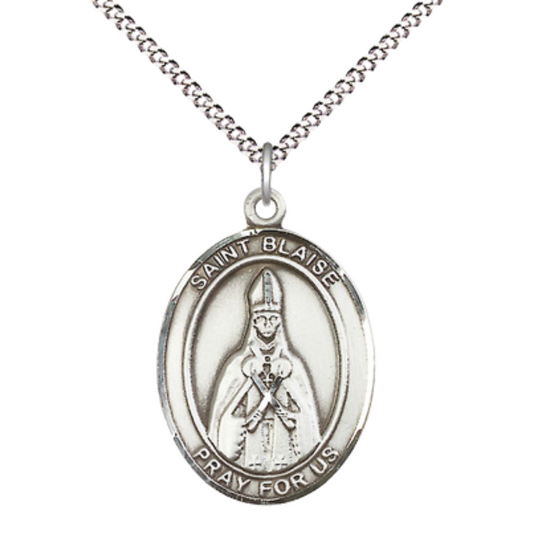 Women's .925 Sterling Silver Saint St. Blaise Medal Pendant on 18 Inch Rhodium Plated Lite Curb Brass Chain with Lobster Claw Clasp, Catholic Religious Necklace - Made in USA- Deluxe Velvet Gift Box
