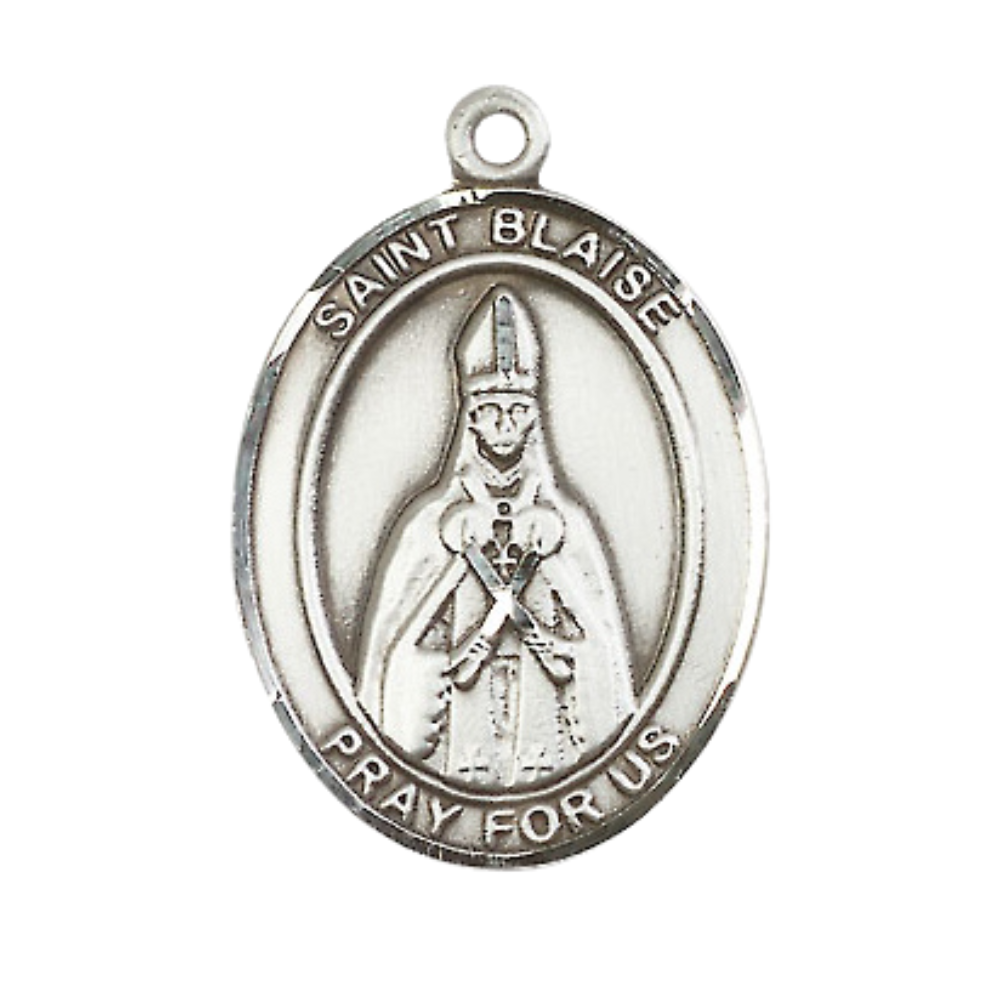 Saint St. Blaise Men's .925 Sterling Silver Medal Necklace– Patron Saint St. of Throat Ailments – 24 Inch Light Rhodium Plated Heavy Curb Chain, Catholic Medal – Velvet Gift Box