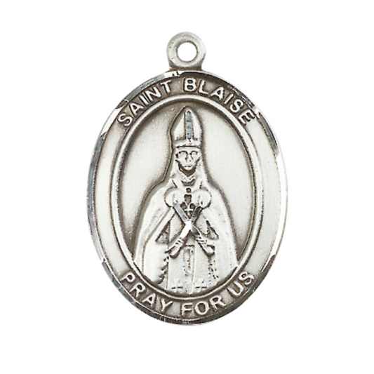 Mens Oval .925 Sterling Silver Saint St. Blaise Medal Pendant on 24 Inch Rhodium Plated Heavy Curb Brass Chain with Lobster Claw clasp, Catholic Religious Necklace - Made in USA- Velvet Gift Box