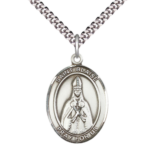 Saint St. Blaise Men's .925 Sterling Silver Medal Necklace– Patron Saint St. of Throat Ailments – 24 Inch Light Rhodium Plated Heavy Curb Chain, Catholic Medal – Velvet Gift Box