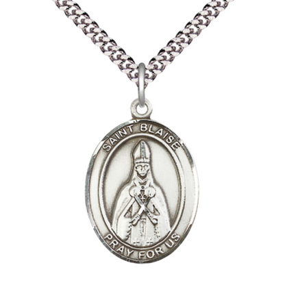 Everlasting Light Jewelry Pewter Saint St. Blaise Medal Pendant on 24 Inch Endless Rhodium Plated Heavy Curb Brass Chain, Catholic Religious Necklace - Made in USA- Prayer Card Included