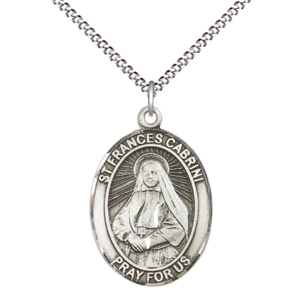 Everlasting Light Jewelry Women's Pewter Saint St. Frances Cabrini Medal Pendant Necklace with 18 Inch Rhodium Plated Lite Curb Brass Chain– Patron Saint St. of Hospital Administrators, Catholic Medal – Velvet Gift Box Included