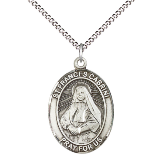 Everlasting Light Jewelry Women's Pewter Saint St. Frances Cabrini Medal Pendant Necklace with 18 Inch Rhodium Plated Lite Curb Brass Chain– Patron Saint St. of Hospital Administrators, Catholic Medal – Velvet Gift Box Included