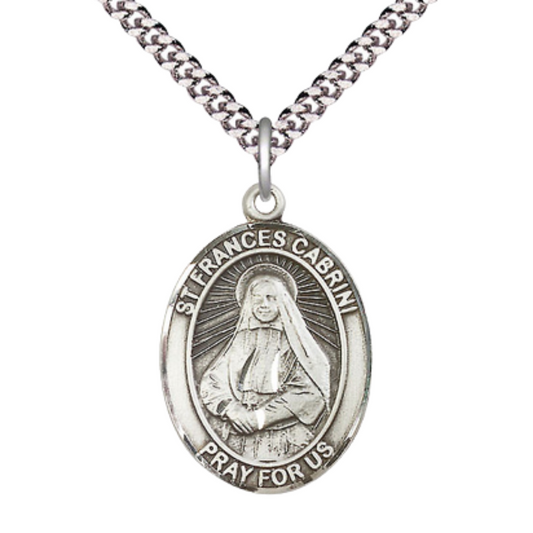 Saint St. Frances Cabrini Men's Pewter Medal Necklace– Patron Saint St. of Hospital Administrators – 24 Inch Light Rhodium Plated Heavy Curb Chain, Catholic Medal – Velvet Gift Box