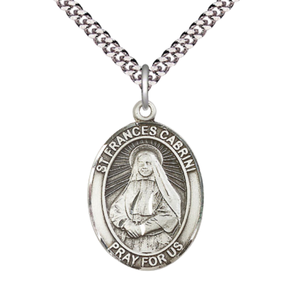 Saint St. Frances Cabrini Men's .925 Sterling Silver Medal Necklace– Patron Saint St. of Hospital Administrators – 24 Inch Light Rhodium Plated Heavy Curb Chain, Catholic Medal – Velvet Gift Box