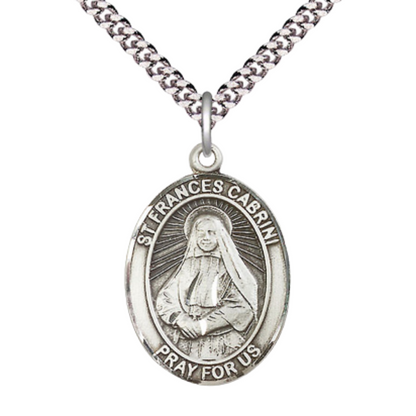 Saint St. Frances Cabrini Men's .925 Sterling Silver Medal Necklace– Patron Saint St. of Hospital Administrators – 24 Inch Light Rhodium Plated Heavy Curb Chain, Catholic Medal – Velvet Gift Box