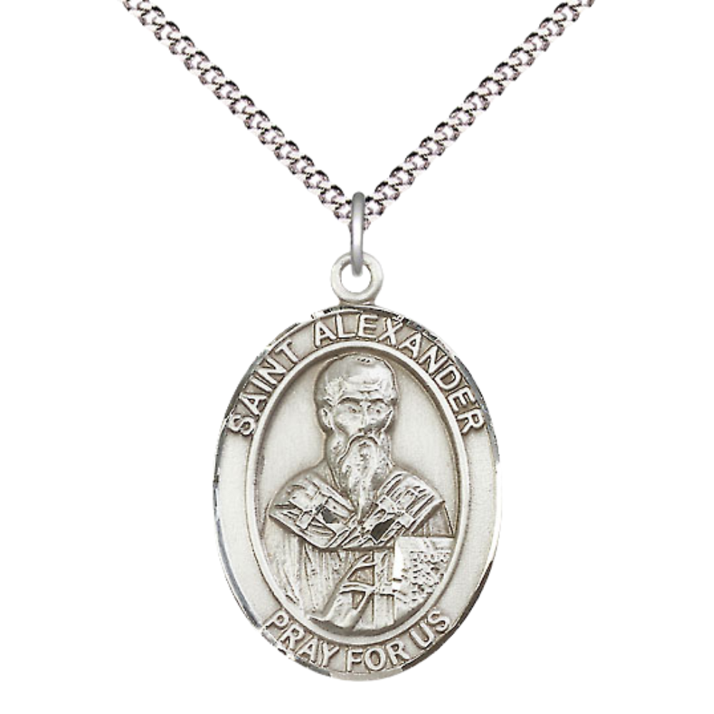 Women's .925 Sterling Silver Patron Saint St. Alexander Constantinople Medal Pendant with 18 Inch Rhodium Plated Lite Curb Brass Chain Catholic Religious Necklace - Made in USA, Deluxe Velvet Gift Box