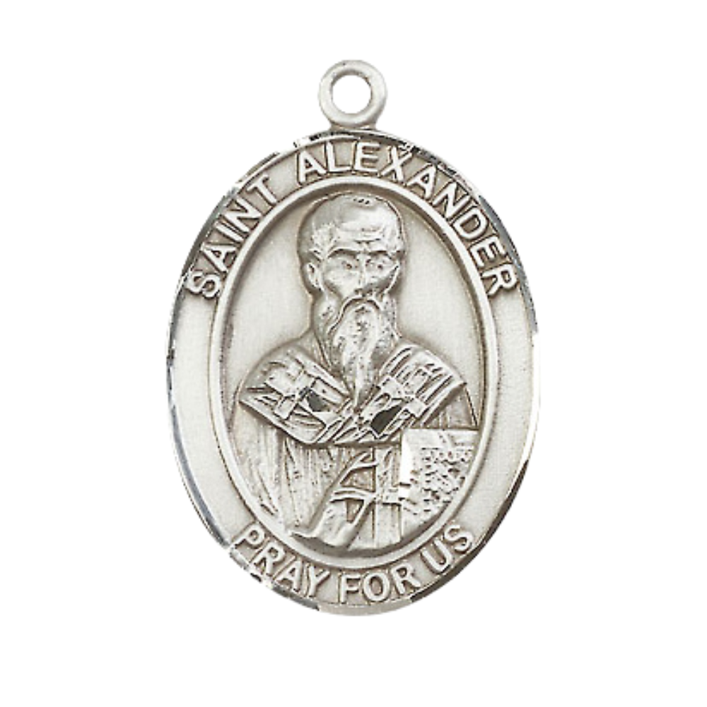 Mens .925 Sterling Silver Saint St. Alexander ConSaint St. antinople Medal Pendant on 24 Inch Rhodium Plated Heavy Curb Brass Chain w/ Lobster Claw clasp, Catholic Religious Necklace - Made in USA- Velvet Gift Box