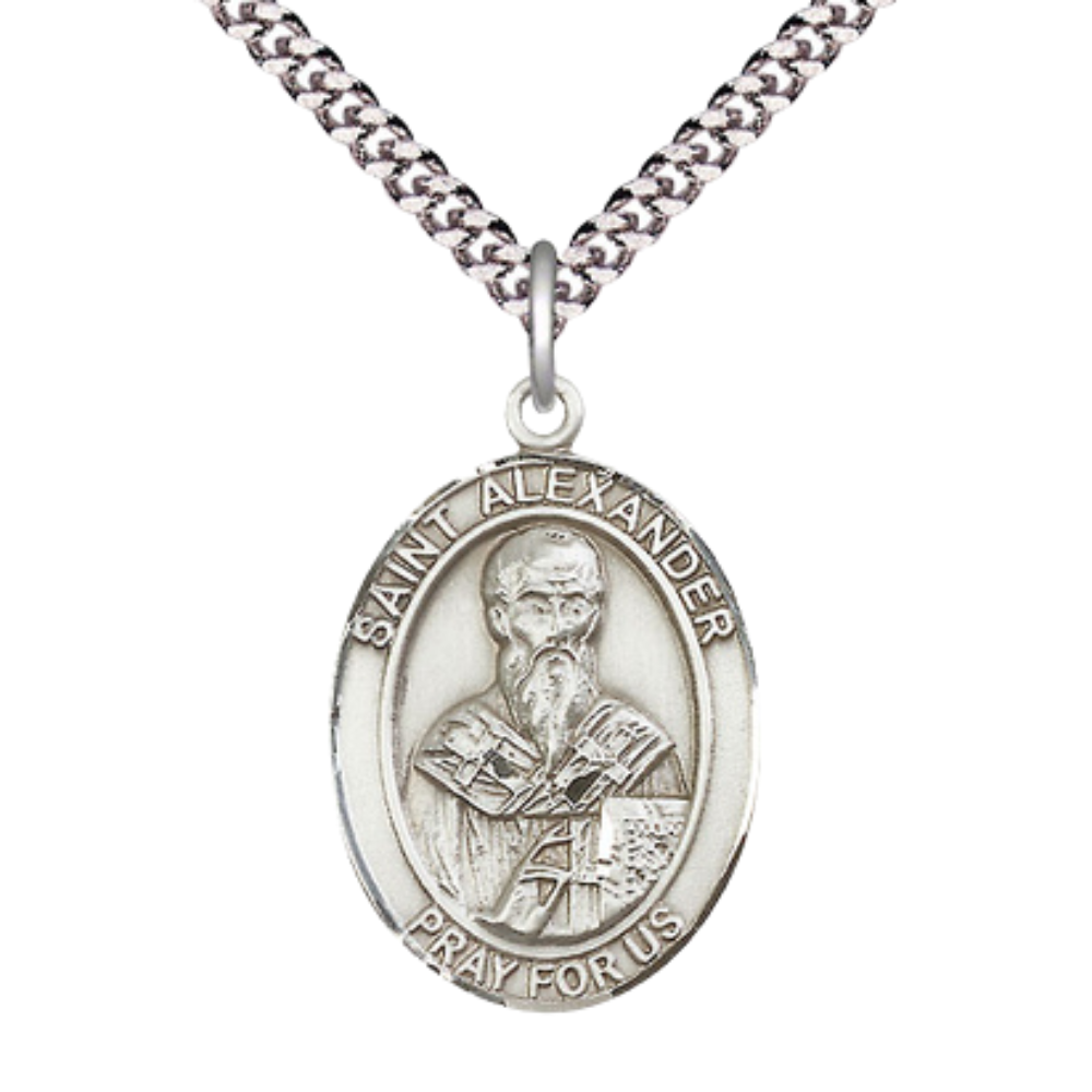 Saint Alexander of Constantinople Men's Sterling Silver Medal Necklace– Patron Saint of Corsica – 24” Light Rhodium Plated Heavy Curb Chain – Velvet Gift Box