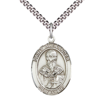 Saint Alexander of Constantinople Men's Sterling Silver Medal Necklace– Patron Saint of Corsica – 24” Light Rhodium Plated Heavy Curb Chain – Velvet Gift Box