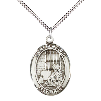 Everlasting Light Jewelry Women's .925 Sterling Silver Saint St. Benjamin Medal Pendant with 18 Inch Rhodium Plated Lite Curb Brass Chain Catholic Religious Necklace - Made in USA, Deluxe Velvet Gift Box