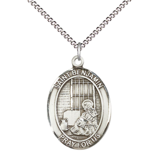 Everlasting Light Jewelry Women's .925 Sterling Silver Saint St. Benjamin Medal Pendant with 18 Inch Rhodium Plated Lite Curb Brass Chain Catholic Religious Necklace - Made in USA, Deluxe Velvet Gift Box