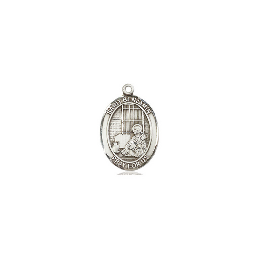 Mens Oval .925 Sterling Silver Saint St. Benjamin Medal Pendant on 24 Inch Rhodium Plated Heavy Curb Brass Chain with Lobster Claw clasp, Catholic Religious Necklace - Made in USA- Velvet Gift Box