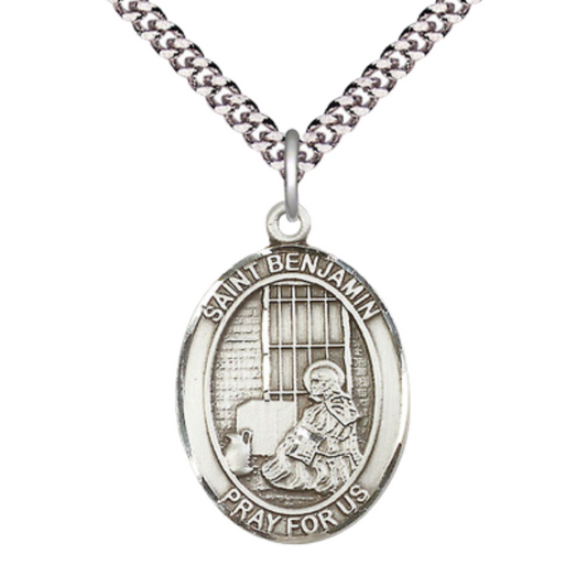 Saint St. Benjamin Men's .925 Sterling Silver Medal Necklace– Patron Saint St. of Those Named Benjamin – 24 Inch Light Rhodium Plated Heavy Curb Chain, Catholic Medal – Velvet Gift Box
