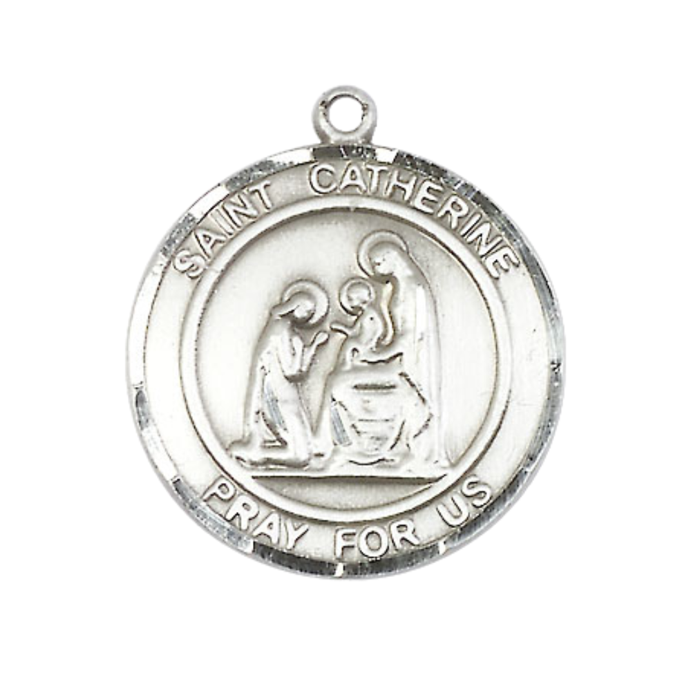 Women's Pewter St Catherine of Siena Patron Saint St. Medal Pendant on 18 Inch Rhodium Plated Lite Curb Brass Chain w/ Lobster Claw Clasp, Catholic Religious Necklace - Made in USA- Deluxe Velvet Gift Box