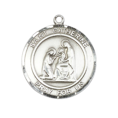 Women's Pewter St Catherine of Siena Patron Saint St. Medal Pendant on 18 Inch Rhodium Plated Lite Curb Brass Chain w/ Lobster Claw Clasp, Catholic Religious Necklace - Made in USA- Deluxe Velvet Gift Box
