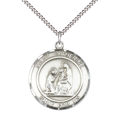 Women's Pewter St Catherine of Siena Patron Saint St. Medal Pendant on 18 Inch Rhodium Plated Lite Curb Brass Chain w/ Lobster Claw Clasp, Catholic Religious Necklace - Made in USA- Deluxe Velvet Gift Box