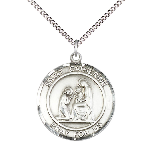Women's Pewter St Catherine of Siena Patron Saint St. Medal Pendant on 18 Inch Rhodium Plated Lite Curb Brass Chain w/ Lobster Claw Clasp, Catholic Religious Necklace - Made in USA- Deluxe Velvet Gift Box
