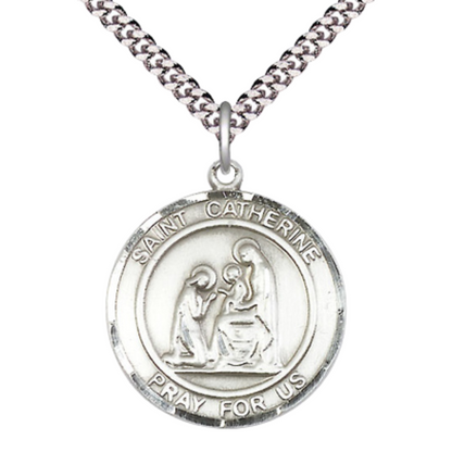 Men's .925 Sterling Silver Saint St. Catherine of Siena Pendant – 1" x 7/8" – 24 Inch Rhodium Plated Chain – Patron Saint St. of Fire Prevention – Catholic Necklace – Velvet Gift Box Included
