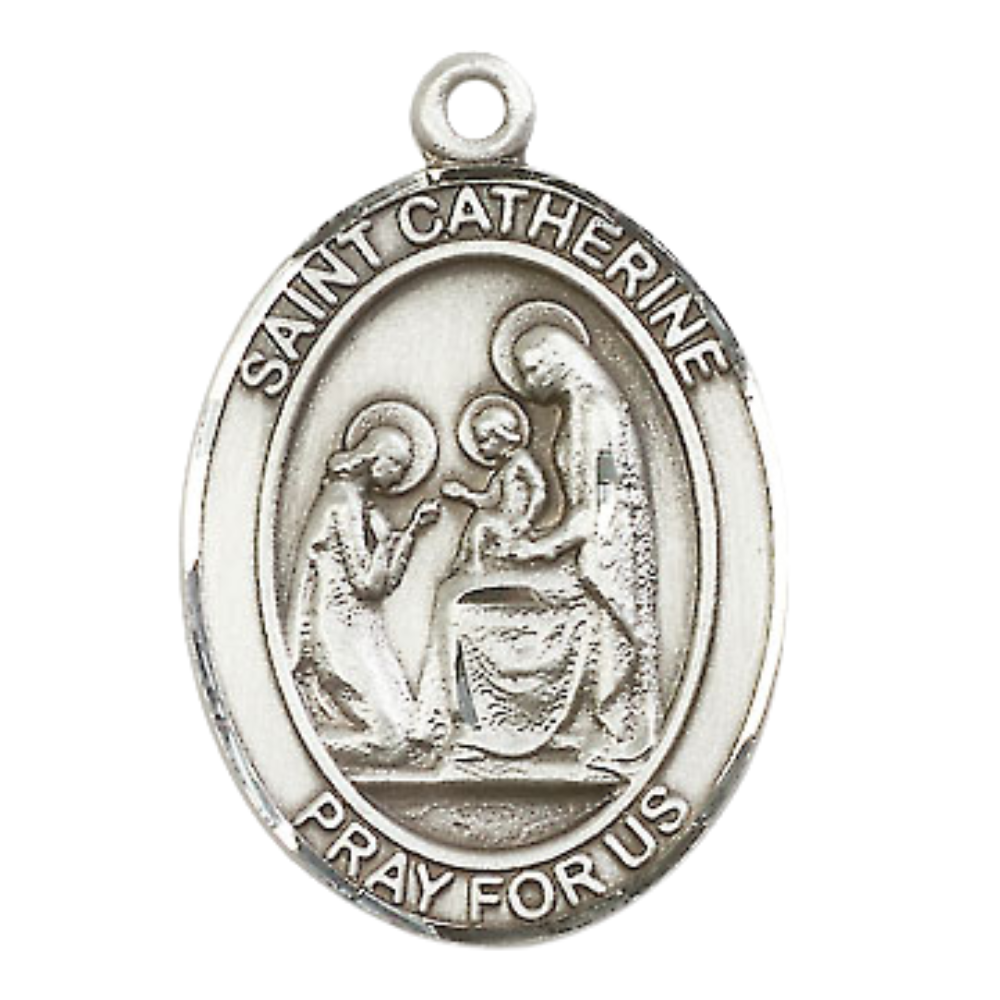 Everlasting Light Jewelry Women's Pewter Saint St. Catherine of Siena Medal Pendant Necklace with 18 Inch Rhodium Plated Lite Curb Brass Chain– Patron Saint St. of Fire Prevention, Catholic Medal – Velvet Gift Box Included