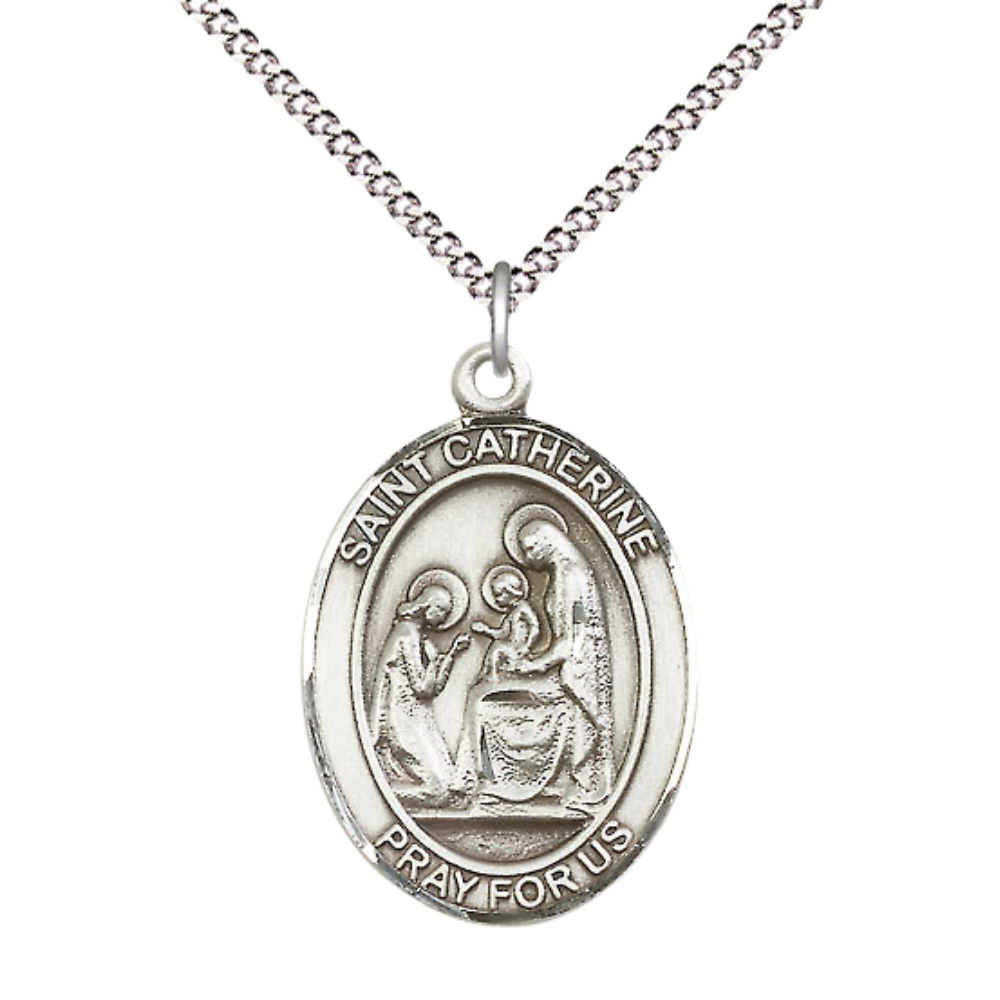 Everlasting Light Jewelry Women's Pewter Saint St. Catherine of Siena Medal Pendant Necklace with 18 Inch Rhodium Plated Lite Curb Brass Chain– Patron Saint St. of Fire Prevention, Catholic Medal – Velvet Gift Box Included