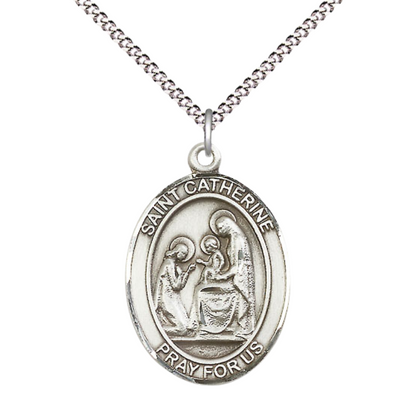 Everlasting Light Jewelry Women's Pewter Saint St. Catherine of Siena Medal Pendant Necklace with 18 Inch Rhodium Plated Lite Curb Brass Chain– Patron Saint St. of Fire Prevention, Catholic Medal – Velvet Gift Box Included