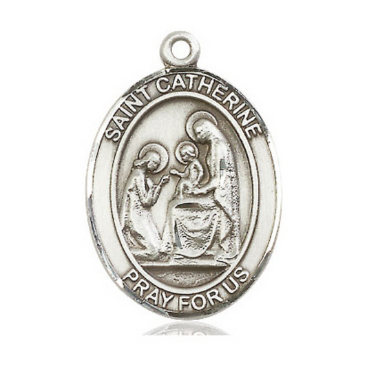 Mens .925 Sterling Silver Saint St. Catherine of Siena Medal Pendant on 24 Inch Rhodium Plated Heavy Curb Brass Chain with Lobster Claw clasp, Catholic Religious Necklace - Made in USA- Velvet Gift Box
