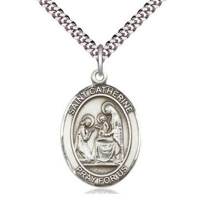 Mens Oval Pewter Saint St. Catherine of Siena Medal Pendant on 24 Inch Rhodium Plated Heavy Curb Brass Chain with Lobster Claw clasp, Catholic Religious Necklace - Made in USA- Deluxe Velvet Gift Box