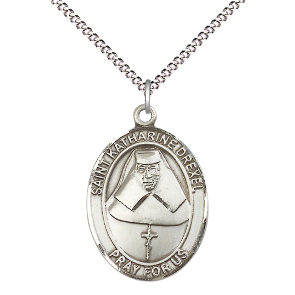 Everlasting Light Jewelry Women's Pewter Saint St. Katharine Drexel Medal Pendant Necklace with 18 Inch Rhodium Plated Lite Curb Brass Chain– Patron Saint St. Against Racism Catholic Medal – Velvet Gift Box Included