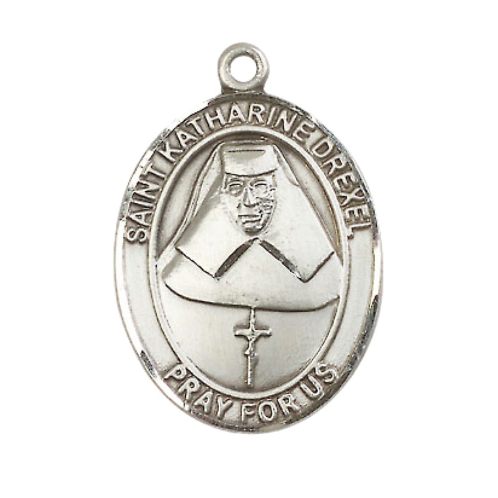 Saint St. Katharine Drexel Men's .925 Sterling Silver Medal Necklace– Patron Saint St. Against Racism – 24 Inch Light Rhodium Plated Heavy Curb Chain, Catholic Medal – Velvet Gift Box