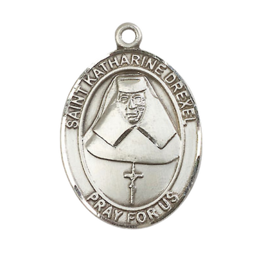 Mens .925 Sterling Silver Saint St. Katharine Drexel Medal Pendant on 24 Inch Rhodium Plated Heavy Curb Brass Chain with Lobster Claw clasp, Catholic Religious Necklace - Made in USA- Velvet Gift Box
