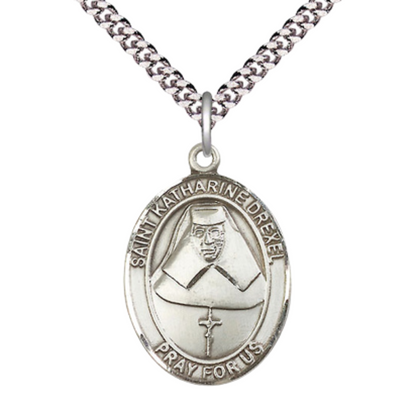 Mens Oval Pewter Saint Katharine Drexel Medal Pendant on 24" Rhodium Plated Heavy Curb Brass Chain with Lobster Claw clasp , Catholic Religious Necklace -Made in USA - Deluxe Velvet Gift Box