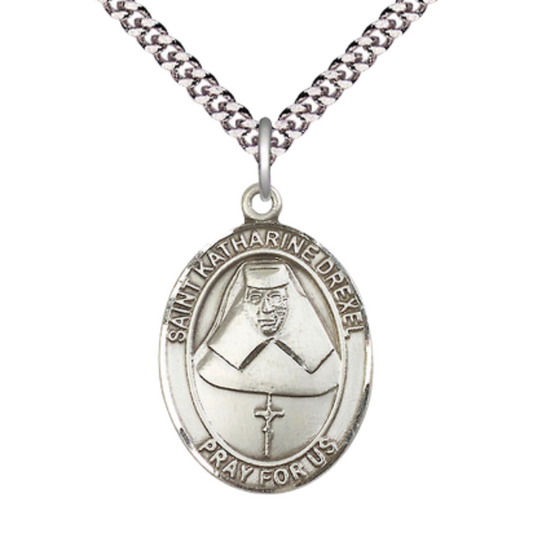 Mens Oval Pewter Saint Katharine Drexel Medal Pendant on 24" Rhodium Plated Heavy Curb Brass Chain with Lobster Claw clasp , Catholic Religious Necklace -Made in USA - Deluxe Velvet Gift Box