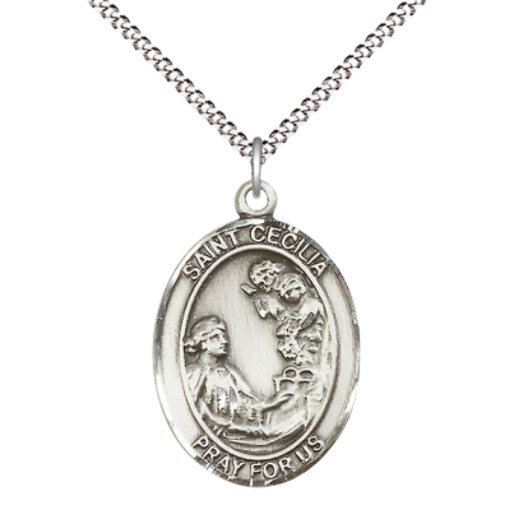Everlasting Light Jewelry Women's Pewter Saint St. Cecilia Medal Pendant Necklace with 18 Inch Rhodium Plated Lite Curb Brass Chain– Patron Saint St. of Musicians & Singers, Catholic Medal – Velvet Gift Box Included