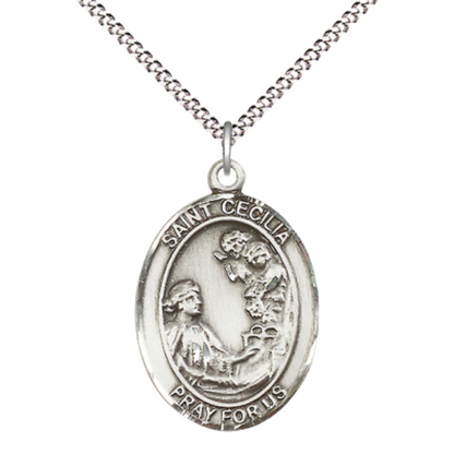 Everlasting Light Jewelry Women's Pewter Saint St. Cecilia Medal Pendant Necklace with 18 Inch Rhodium Plated Lite Curb Brass Chain– Patron Saint St. of Musicians & Singers, Catholic Medal – Velvet Gift Box Included