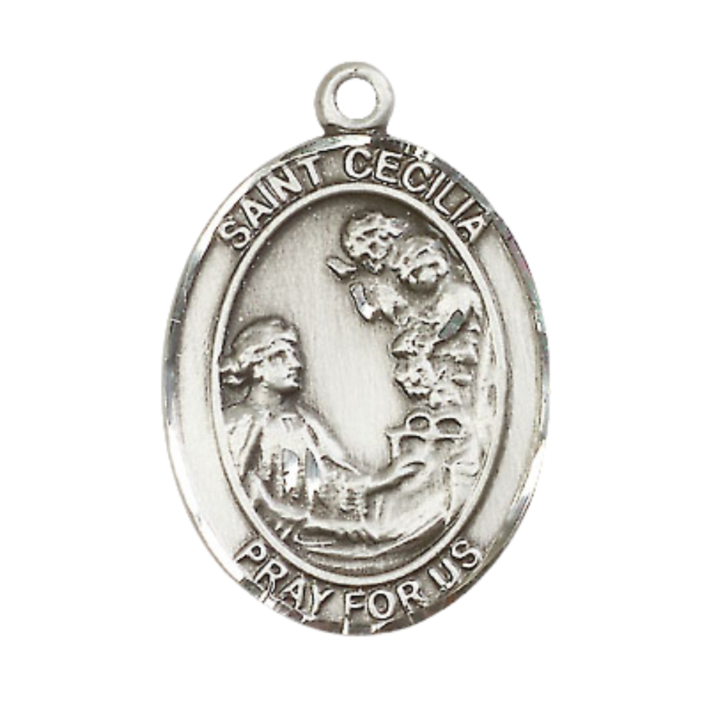 Everlasting Light Jewelry Women's Pewter Saint St. Cecilia Medal Pendant Necklace with 18 Inch Rhodium Plated Lite Curb Brass Chain– Patron Saint St. of Musicians & Singers, Catholic Medal – Velvet Gift Box Included