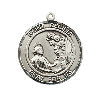 Women's Pewter Saint St. Cecilia Round Patron Medal Pendant on 18 Inch Rhodium Plated Lite Curb Brass Chain with Lobster Claw Clasp, Catholic Religious Necklace - Made in USA- Deluxe Velvet Gift Box