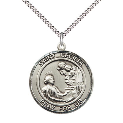 Women's .925 Sterling Silver Saint St. Cecilia Round Patron Medal Pendant on 18 Inch Rhodium Plated Lite Curb Brass Chain w/ Lobster Claw Clasp, Catholic Religious Necklace - Made in USA- Velvet Gift Box