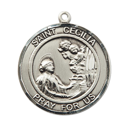 Mens 1 x 7/8" Round Pewter Saint St. Cecilia Medal Pendant on 24 Inch Rhodium Plated Heavy Curb Brass Chain with Lobster Claw clasp, Catholic Religious Necklace - Made in USA- Deluxe Velvet Gift Box