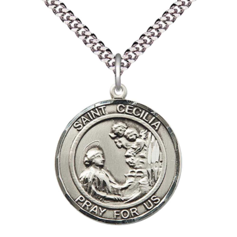 Men's Sterling Silver Saint Cecilia Medal Pendant Christian Necklace – 1" x ? – 24" Endless Rhodium Plated Chain – Patron Saint of Musicians & Singers – Velvet Gift Box Included
