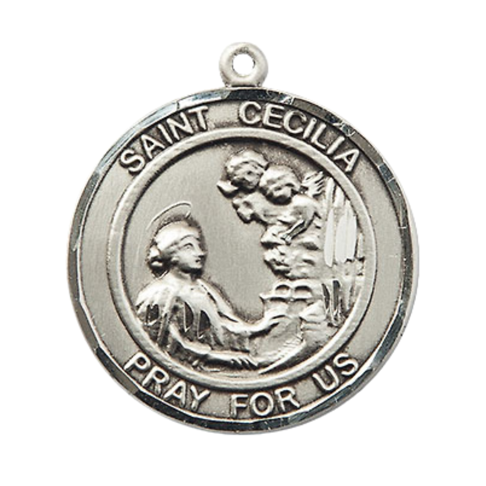 Mens Round .925 Sterling Silver Saint St. Cecilia Medal Pendant on 24 Inch Rhodium Plated Heavy Curb Brass Chain with Lobster Claw clasp, Catholic Religious Necklace - Made in USA- Velvet Gift Box