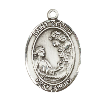 Mens 1 x 3/4" Oval Pewter Saint St. Cecilia Medal Pendant on 24 Inch Rhodium Plated Heavy Curb Brass Chain with Lobster Claw clasp, Catholic Religious Necklace - Made in USA- Deluxe Velvet Gift Box