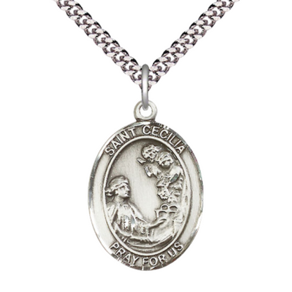 Mens 1 x 3/4" Oval Pewter Saint St. Cecilia Medal Pendant on 24 Inch Rhodium Plated Heavy Curb Brass Chain with Lobster Claw clasp, Catholic Religious Necklace - Made in USA- Deluxe Velvet Gift Box