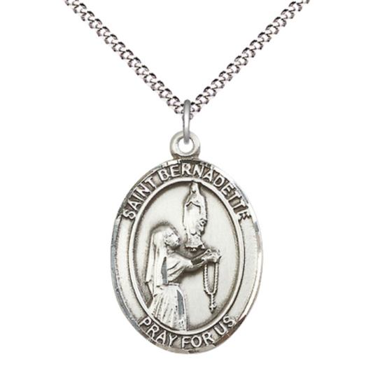 Women's .925 Sterling Silver Saint St. Bernadette Oval Patron Medal Pendant on 18 Inch Rhodium Plated Lite Curb Brass Chain with Lobster Claw Clasp, Catholic Religious Necklace - Made in USA- Velvet Gift Box