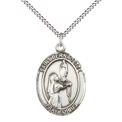 Everlasting Light Jewelry Women's Pewter Saint St. Bernadette Medal Pendant Necklace with 18 Inch Rhodium Plated Lite Curb Brass Chain– Patron Saint St. of Illness & Poverty, Catholic Medal – Velvet Gift Box Included
