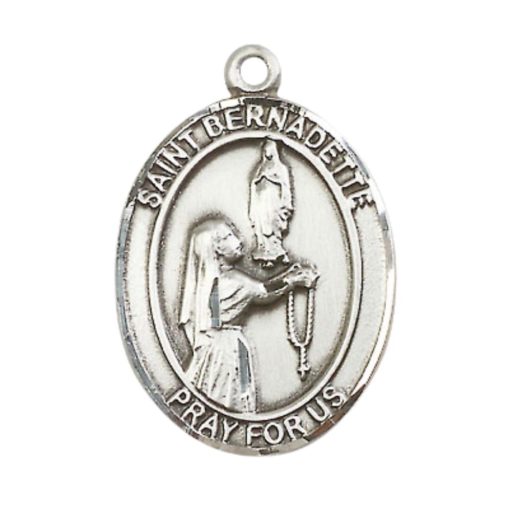 Everlasting Light Jewelry Women's Pewter Saint St. Bernadette Medal Pendant Necklace with 18 Inch Rhodium Plated Lite Curb Brass Chain– Patron Saint St. of Illness & Poverty, Catholic Medal – Velvet Gift Box Included