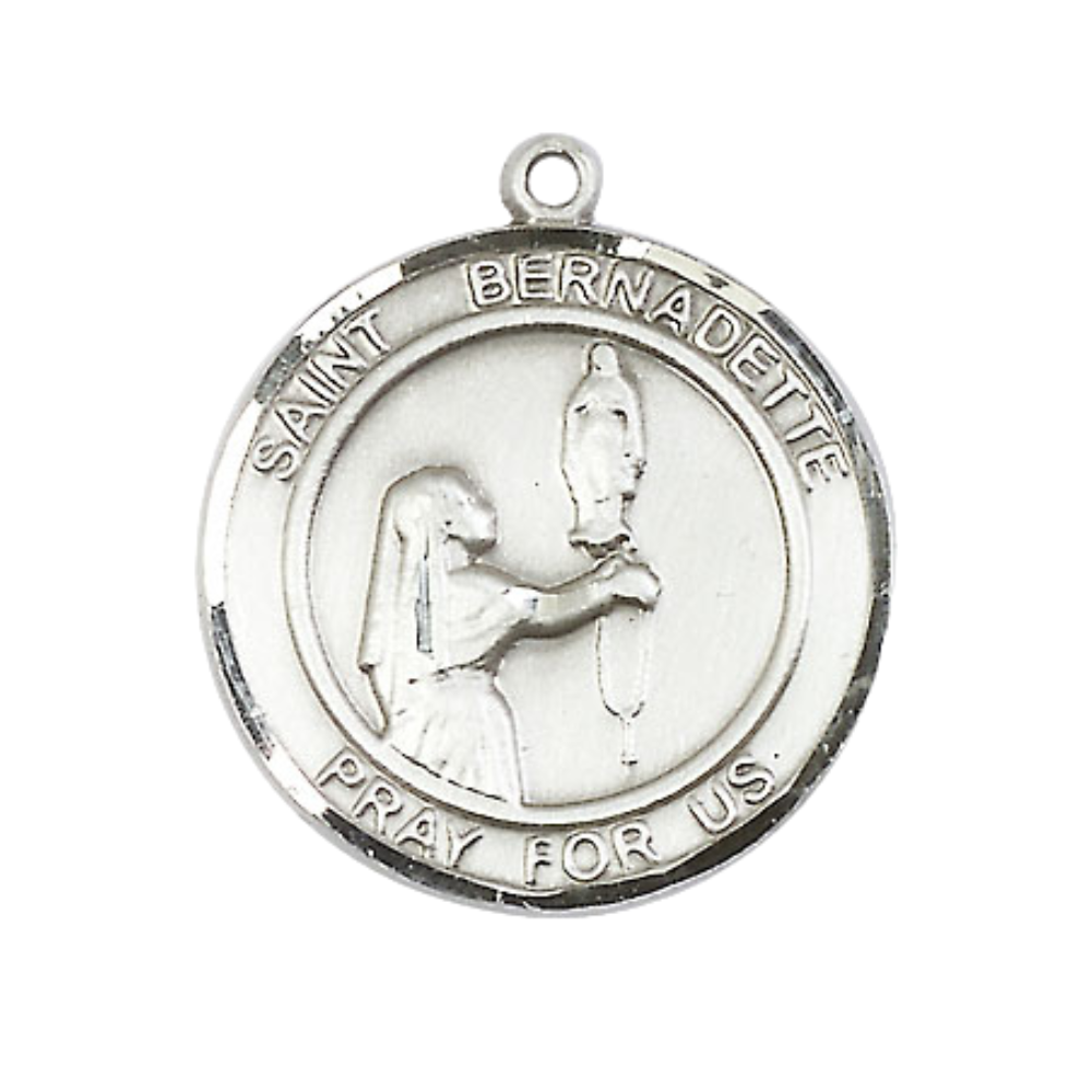 Women's .925 Sterling Silver Saint St. Bernadette Round Patron Medal Pendant on 18 Inch Rhodium Plated Lite Curb Brass Chain w/ Lobster Claw Clasp, Catholic Religious Necklace - Made in USA- Velvet Gift Box