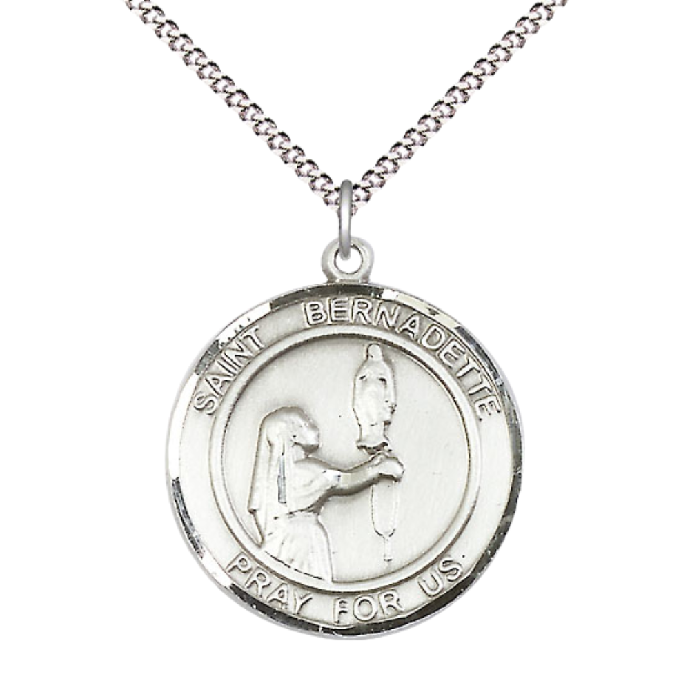 Women's .925 Sterling Silver Saint St. Bernadette Round Patron Medal Pendant on 18 Inch Rhodium Plated Lite Curb Brass Chain w/ Lobster Claw Clasp, Catholic Religious Necklace - Made in USA- Velvet Gift Box