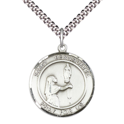 Mens 1 x 7/8" Round Pewter Saint St. Bernadette Medal Pendant on 24 Inch Rhodium Plated Heavy Curb Brass Chain with Lobster Claw clasp, Catholic Religious Necklace - Made in USA- Velvet Gift Box