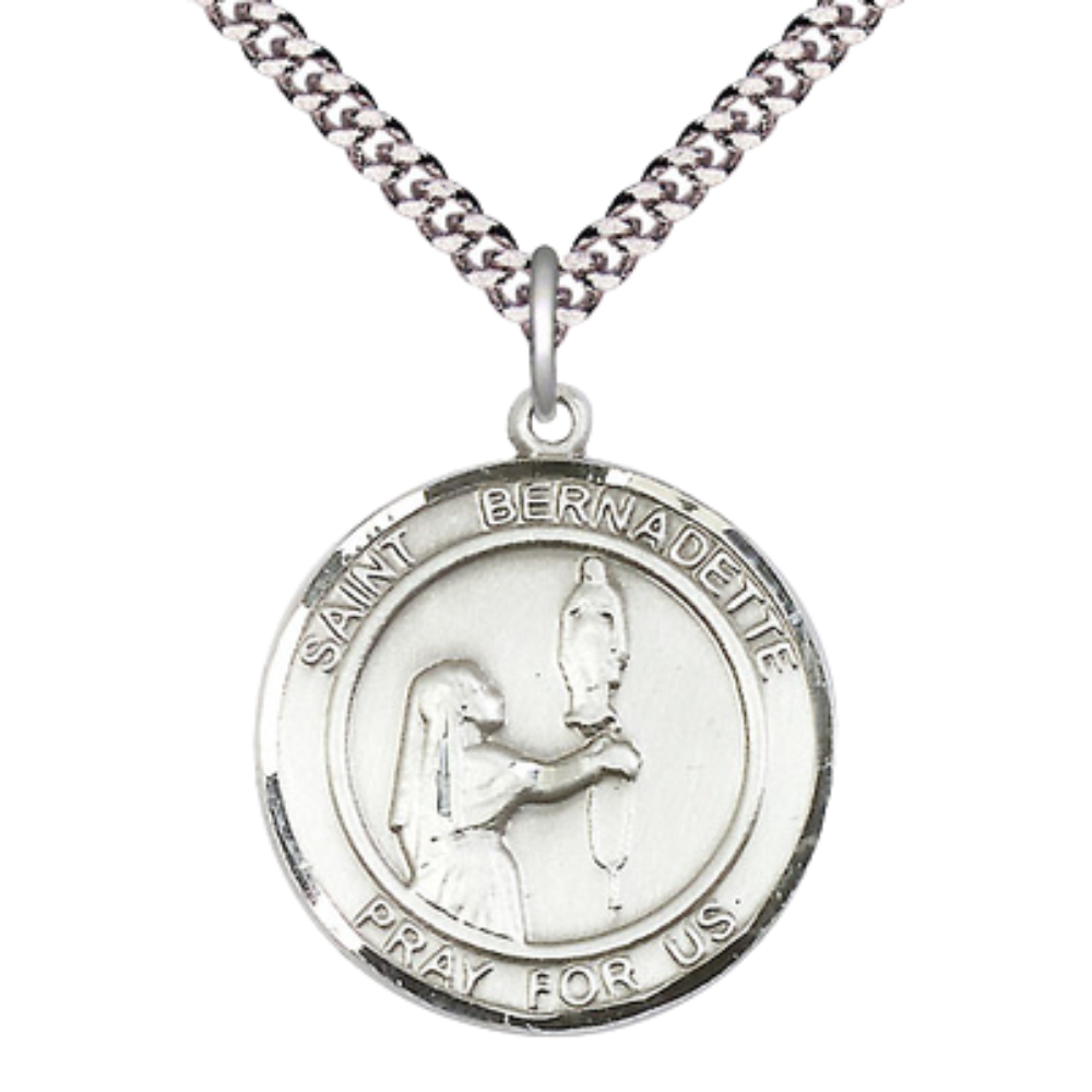 Men's .925 Sterling Silver Saint St. Bernadette Medal Pendant Christian Necklace – 1" x ? – 24 Inch Endless Rhodium Plated Chain – Patron Saint St. of Illness & Poverty, Catholic Medal – Velvet Gift Box Included
